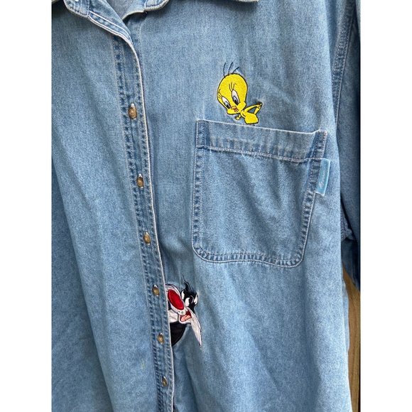 Vintage Looney Tunes Warner Brothers Womens Blue Button Down Shirt Sz 22W - Picture 7 of 7